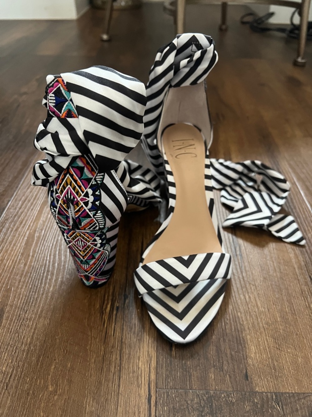 INC International Concepts Black & White Striped Wrap Heel Sandals